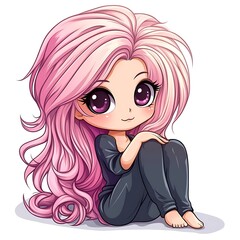 Cute anime girl sitting, pink hair, chibi style