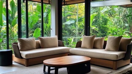Modern living room with beige sofa, wooden coffee table, and large windows overlooking lush greenery.