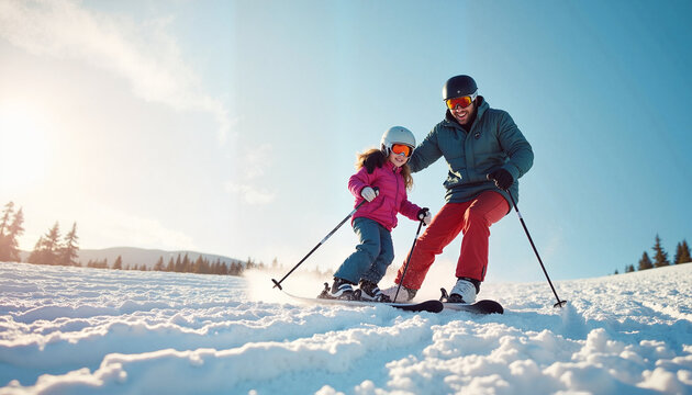 Parent skiing with child on a sunny snowy slope, sharing a joyful winter experience