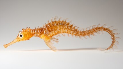 Orange seahorse swimming, profile view, studio shot.