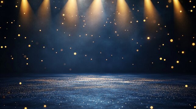 Dark blue stage with golden spotlight lines and glitter texture for award ceremony design. Realistic 3d abstract premium elegant glamour background template for anniversary or winner rewarding.