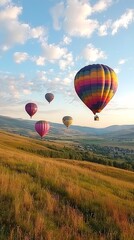 Fototapeta premium Colorful hot air balloons soaring over a scenic landscape at sunset.