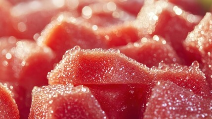 Close up of red, juicy watermelon chunks, with glistening surface.