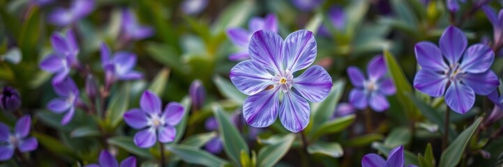 Vibrant purple flower petals and delicate green leaves in a serene garden setting, garden, detail