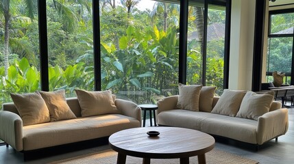 Luxurious living room with large windows overlooking lush tropical garden.