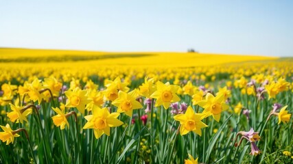 Obraz premium Vibrant yellow daffodil flowers blooming in a vast field under the clear blue sky, vibrant, outdoors, countryside