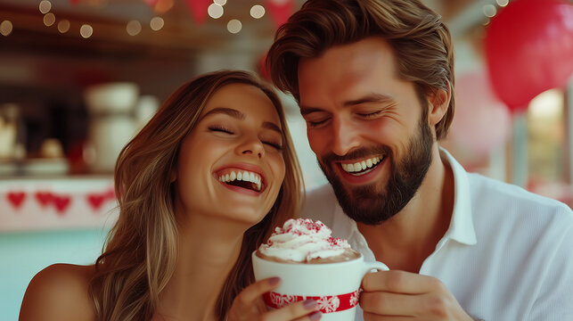In a charming café, a happy couple enjoys a cozy Valentine's Day together, laughing and sipping hot cocoa topped with whipped cream. Heart decorations surround the festive setting