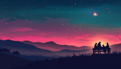 hilltop at night, the sky full of stars, the milky way, the movement of the universe, Nativity Of Jesus - Scene With The Holy Family With Comet At Sunrise