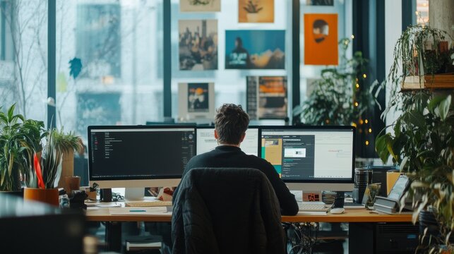 Developing programmer Team Development Website design and coding technologies working in software company office