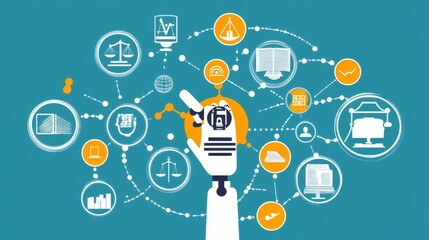 3d rendering of robot hand touching on digital law innovation interface icons on blue background, Law digital technology concept.