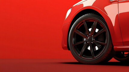 A close-up of a red car's front tire and wheel; black rims against a red background.

