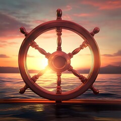 A large wooden ship's steering wheel at sunset, with a view of the ocean.

