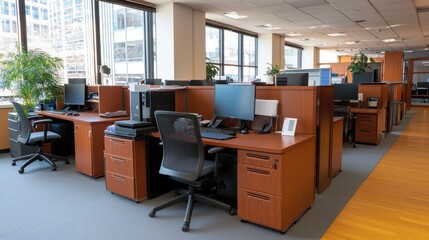 Office workstations setup modern office interior design urban environment wide angle productivity concepts