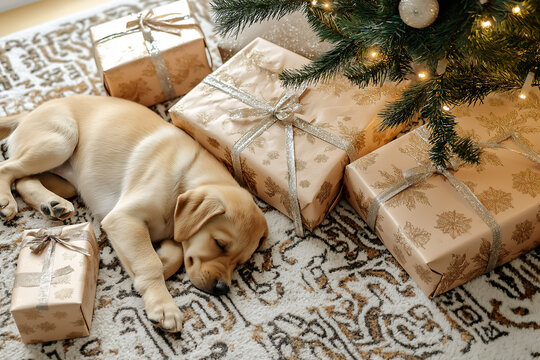 Yellow Labrador puppy sleeping under decorated Christmas tree, surrounded by wrapped gifts