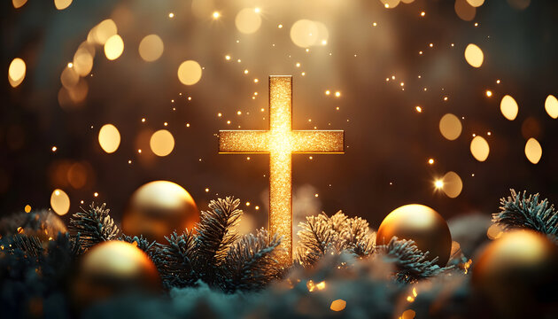 Felicitacion de navidad con la cruz católica iluminada por una luz dorada celestial