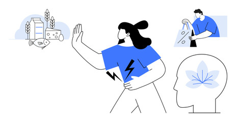 Woman holding stomach, rejecting allergenic foods thumbs up milk, fish, bread, and cheese. Shopper with eco-friendly bag. Head with a flower indicating mental calmness. Ideal for health, allergies