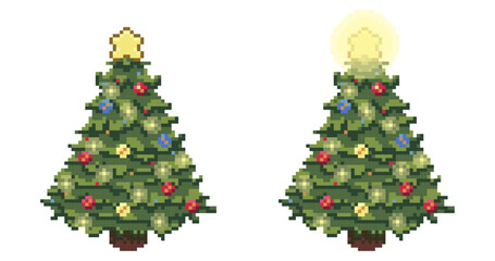 Two pixel art Christmas trees with glowing star tops