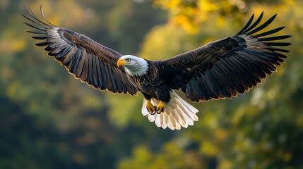 Obraz premium Realistic, commanding Bald Eagle in flight, vibrant U.S. flag filling the background, powerful imagery for political use, vertical orientation