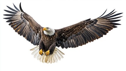 Obraz premium Realistic, commanding Bald Eagle in flight, vibrant U.S. flag filling the background, powerful imagery for political use, vertical orientation 