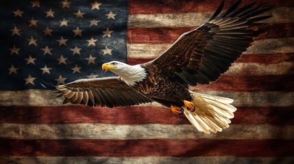 Naklejka premium Realistic, grand Bald Eagle in flight over a radiant U.S. flag with strong patriotic tones, vertical composition for American events