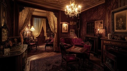 Victorian style room with red sofa, curtains, chandelier, and wood furniture.