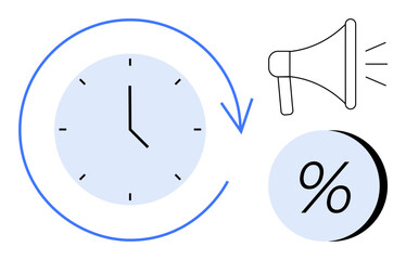 Clock with arrow for time management, loudspeaker for promotion announcement, and percentage sign for growth and statistics. Ideal for business strategies, marketing, finance, productivity