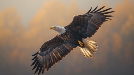 Obraz premium Realistic, powerful Bald Eagle flying gracefully with the American flag as a backdrop, vertical layout perfect for U.S. events