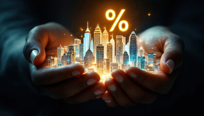 holographic cityscape emerging from cupped hands with a percentage symbol floating on top