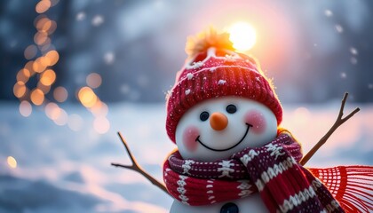 Winter holiday christmas background banner - Closeup of cute funny laughing snowman with wool hat and scarf, on snowy snow snowscape with bokeh lights, illuminated by the sun
