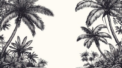 Hand-Drawn Silhouette of Tropical Palms and Leaves