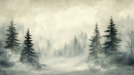 Misty landscape with fir forest in hipster vintage retro style