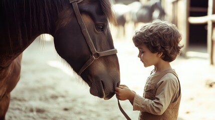 Smiling Boy Gently Interacts with Brown Horse in Stable