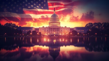 Fototapeta premium Realistic, Presidential Inauguration 2025 banner, vibrant American flag, Capitol building in the background, celebrating patriotism and history, bold typography