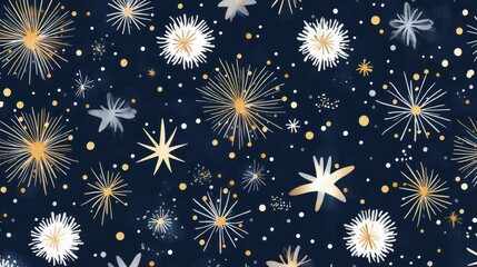 Starry, dark background with golden and silver star patterns.