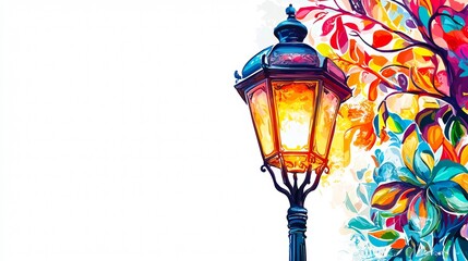 Colorful lamp post illuminated at night beside vibrant foliage in an artistic park setting