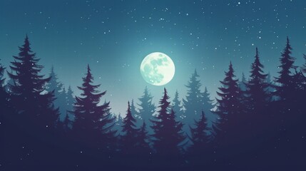 Naklejka premium Full moon over a dark silhouetted pine forest at night.