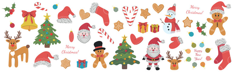 Set of vector Christmas illustrations on white background. Hand drawn flat colored icon. Reindeer, santa claus, gingerbread cookies, christmas tree, stocking, glove, candy cane, jingle bells