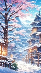 Fototapeta premium Charming winter village scene with snow-covered traditional houses, blooming cherry blossoms.Soft snowfall, warm lanterns create enchanting, serene, for holiday card, travel promotion, seasonal theme.