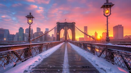 A scenic view of the Brooklyn Bridge at sunrise, surrounded by a snowy landscape.