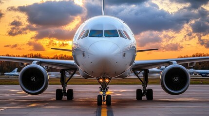 Obraz premium Airplane parked on runway during sunset with a dramatic sky backdrop