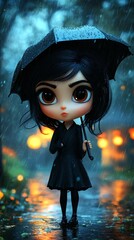 3d Cartoon Girl with Black Umbrella Standing in the Rain with Glowing Lights