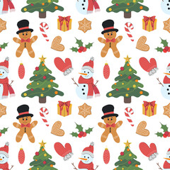 Vector merry Christmas seamless pattern. Christmas tree, gingerbread man cookie, striped candy cane, glove, snowman on white. Winter wrapping paper decoration, greeting card, wallpaper