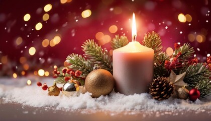 beautiful candle on christmas background with fir tree branches, garland and beautiful bokeh