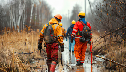 Fototapeta premium Workers in special clothing outdoors in rural areas. Working professions. Water supply specialists