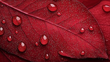 Fototapeta premium A red leaf with water droplets covering both ends