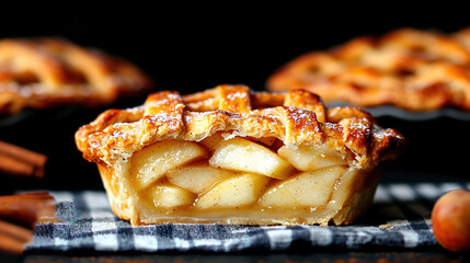   An apple pie on a black-and-white checkered cloth with other pies
