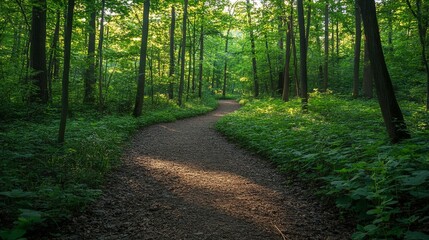 Obraz premium Winding forest path surrounded by lush greenery