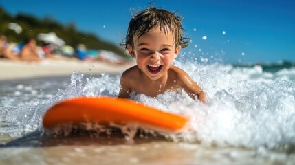Laughing toddler in surf on orange board at beach.