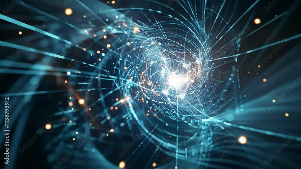 Poster complex network of interconnected nodes and lines forming a tunnel like structure, symbolizing data 