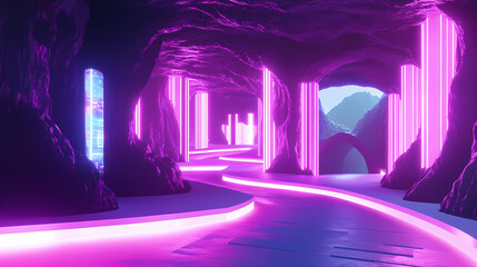 Obraz premium Futuristic city nestled within a cavernous landscape, glowing with neon lights. Cavernous. Illustration